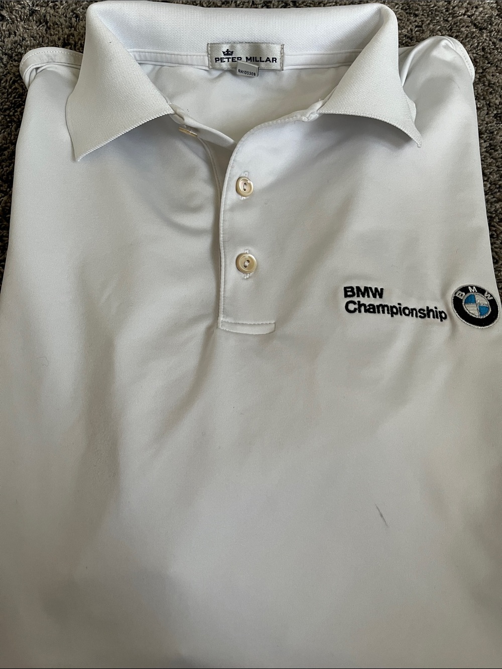 Peter Millar. BMW Championship. Men's White Polo Shirt. Medium with small mark.